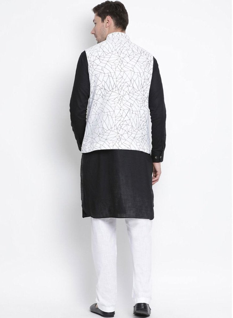 Men's Black Cotton Blend Kurta, Ethnic Jacket and Pyjama Set