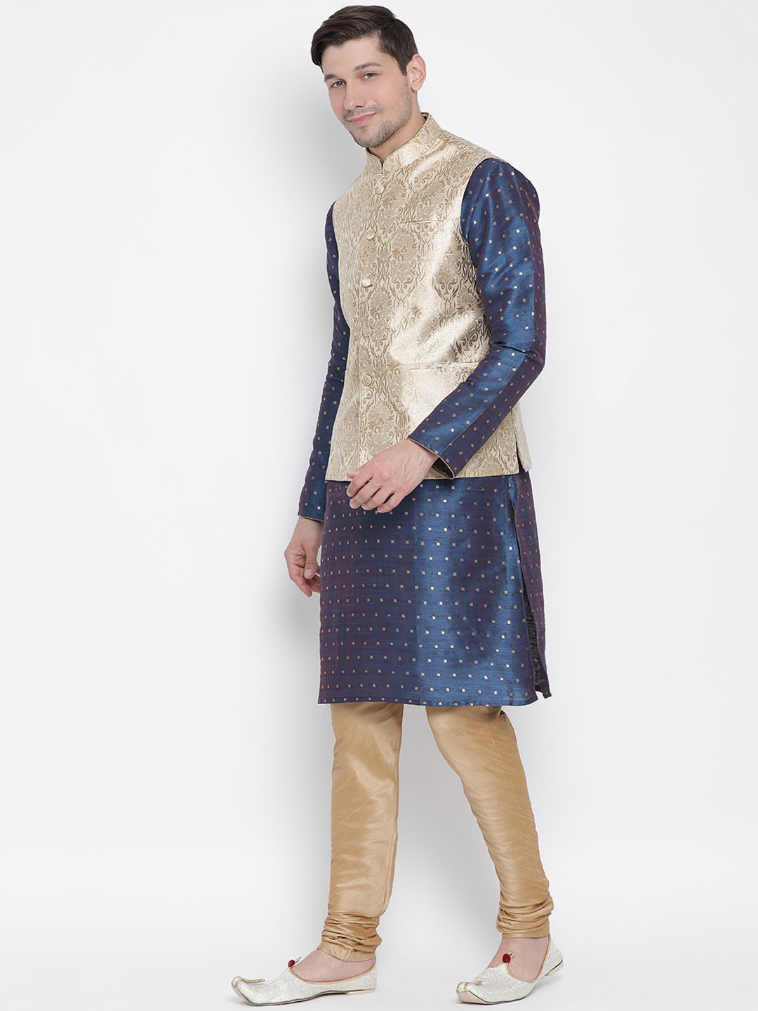 Men's Blue Cotton Silk Blend Kurta, Ethnic Jacket and Pyjama Set - Vastramay