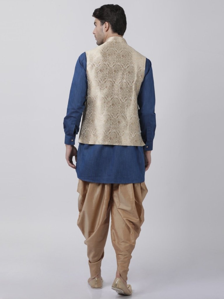 Men's Dark Blue Cotton Silk Blend Ethnic Jacket, Kurta and Dhoti Pant Set
