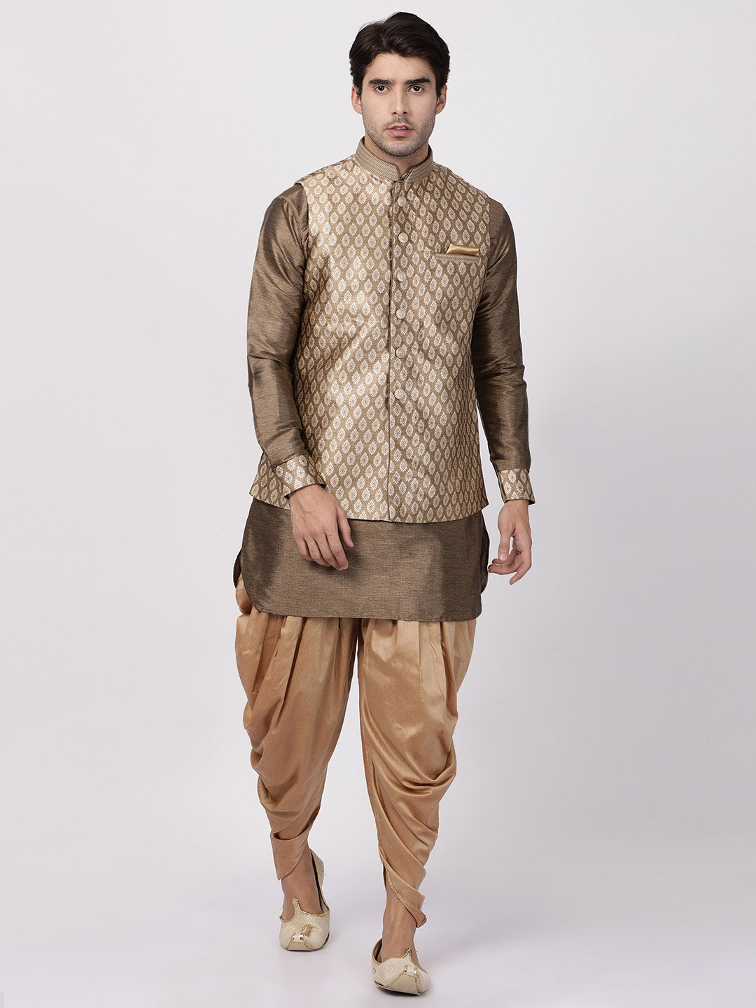 Men's Gold Cotton Silk Blend Ethnic Jacket - Vastramay