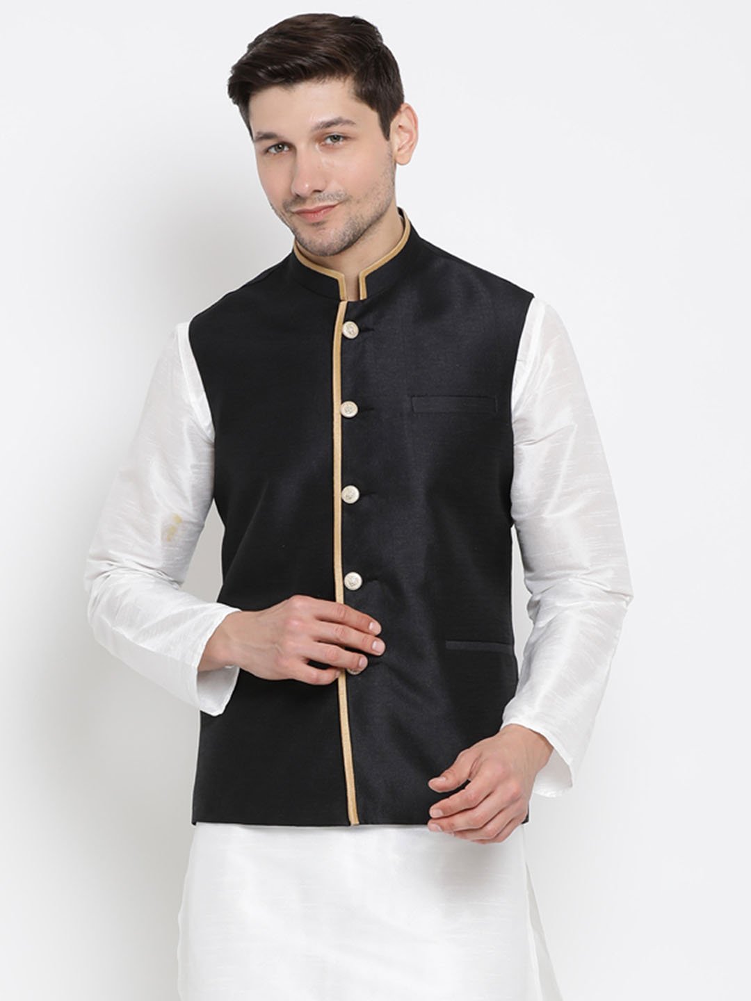 Men's Black Cotton Silk Blend Ethnic Jacket