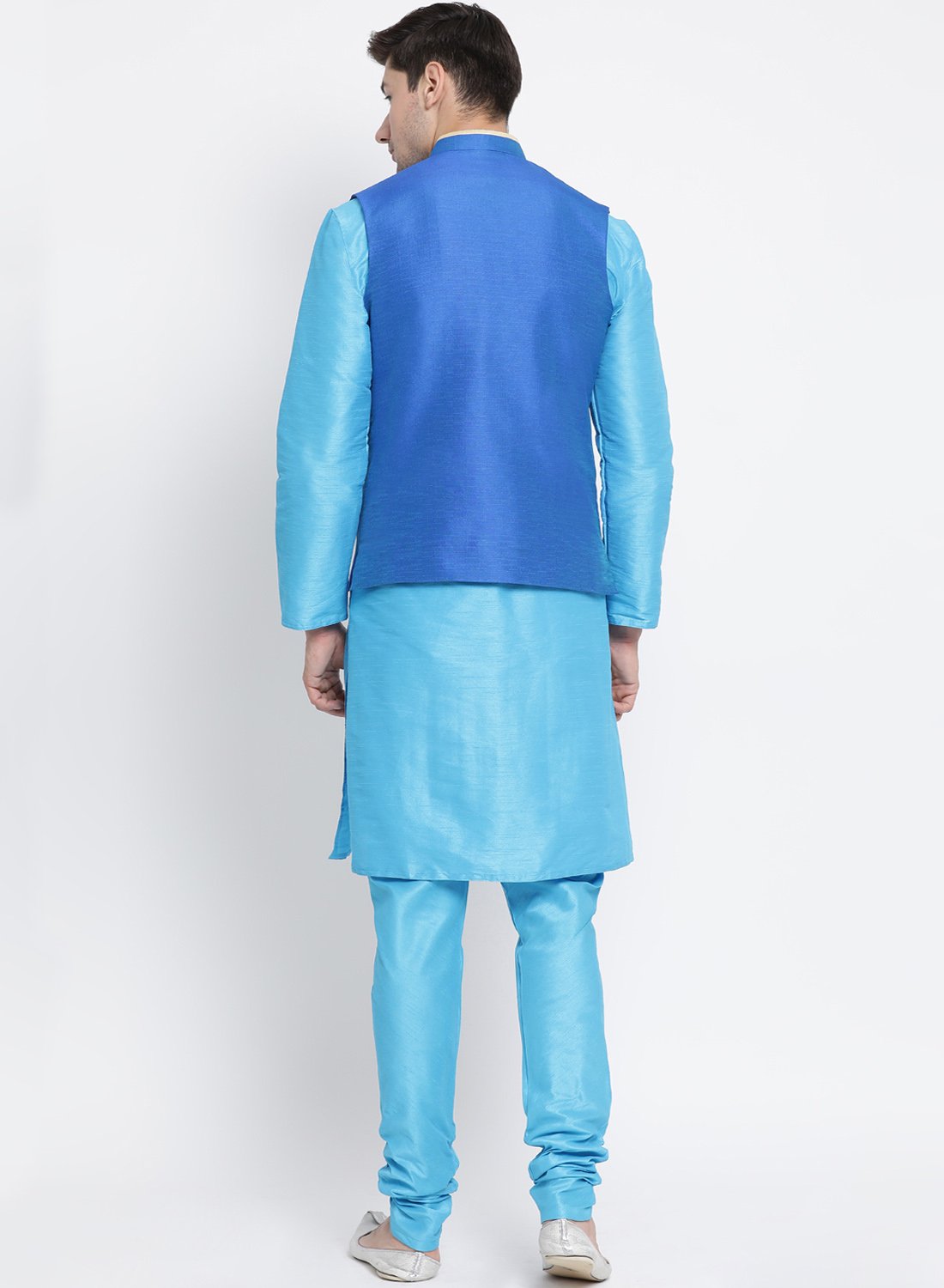 Men's Light Blue Cotton Silk Blend Kurta, Ethnic Jacket and Pyjama Set