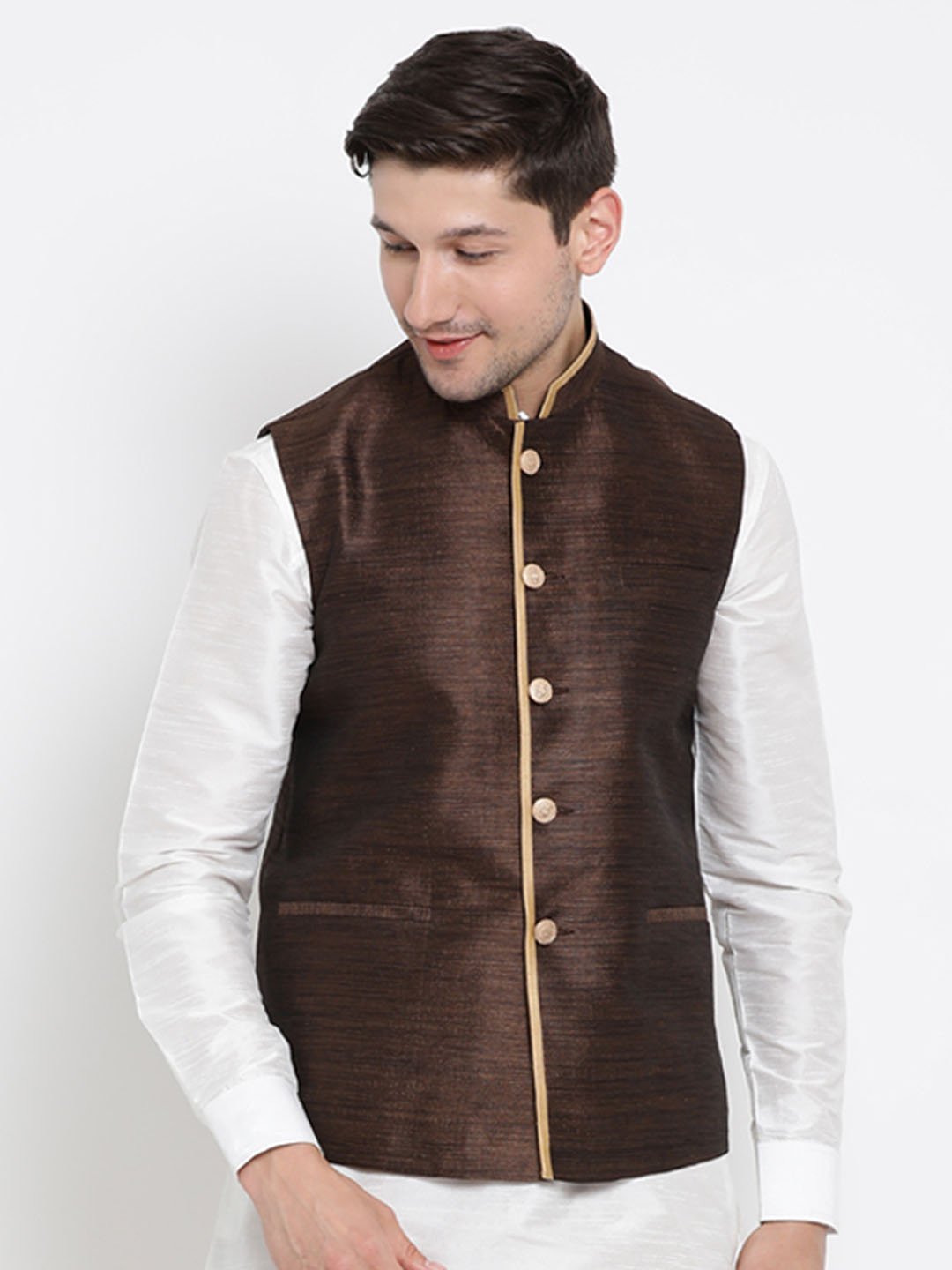 Men's Brown Cotton Silk Blend Ethnic Jacket