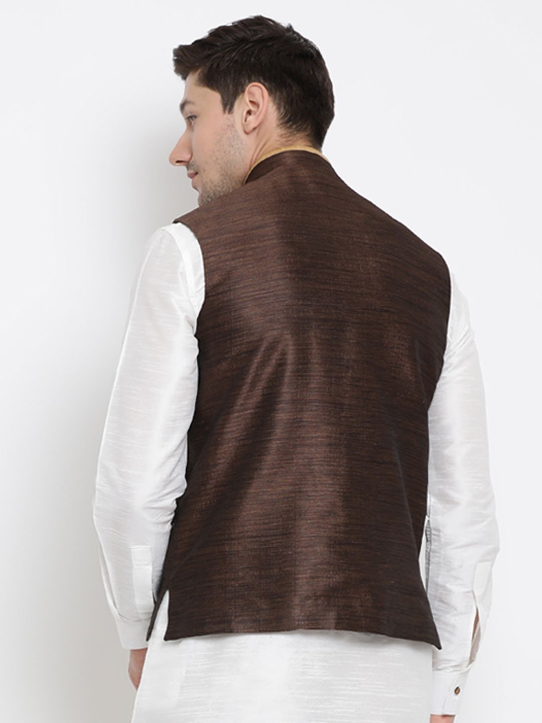 Men's Brown Cotton Silk Blend Ethnic Jacket
