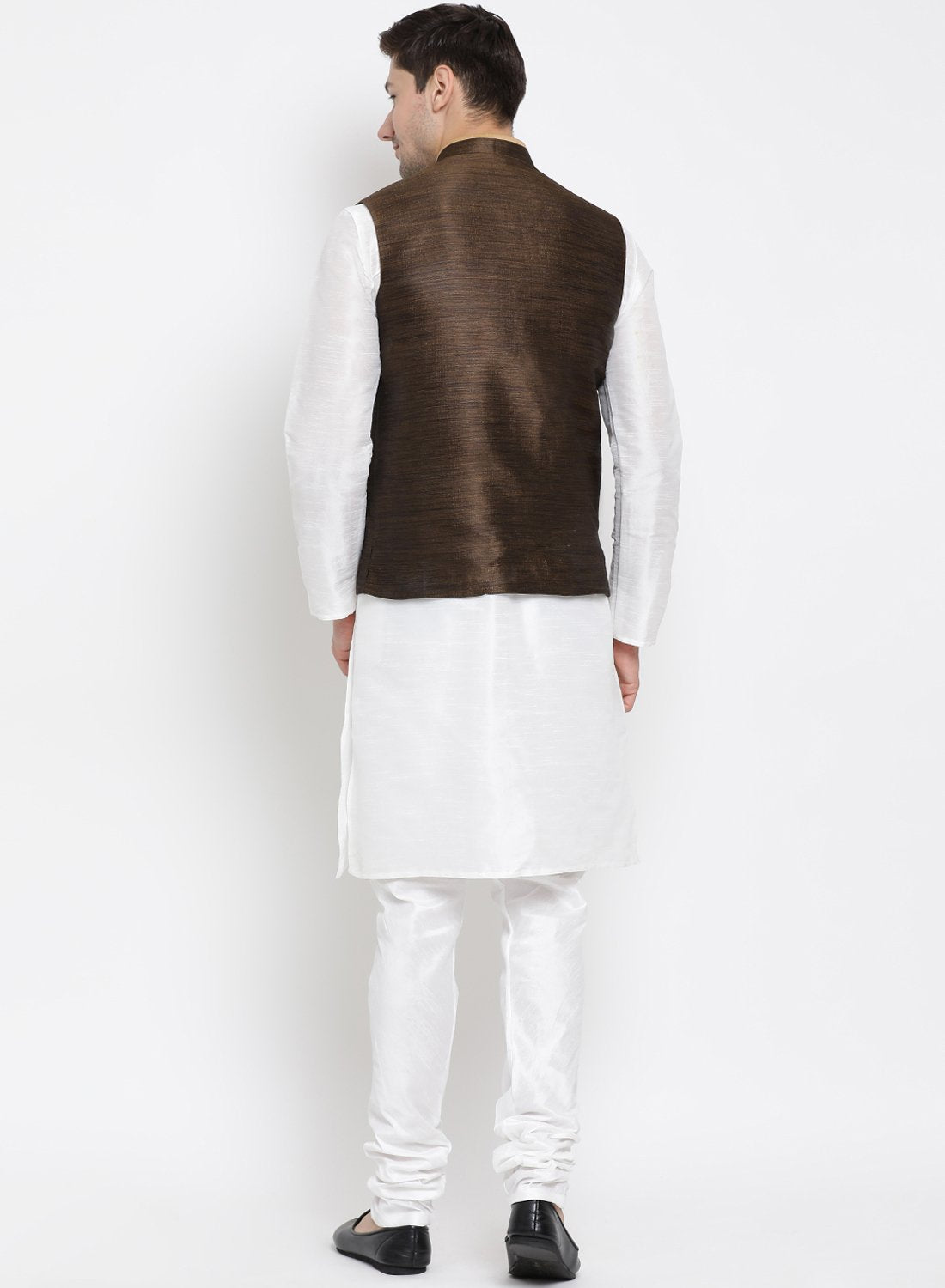 Men's White Cotton Silk Blend Kurta, Ethnic Jacket and Pyjama Set