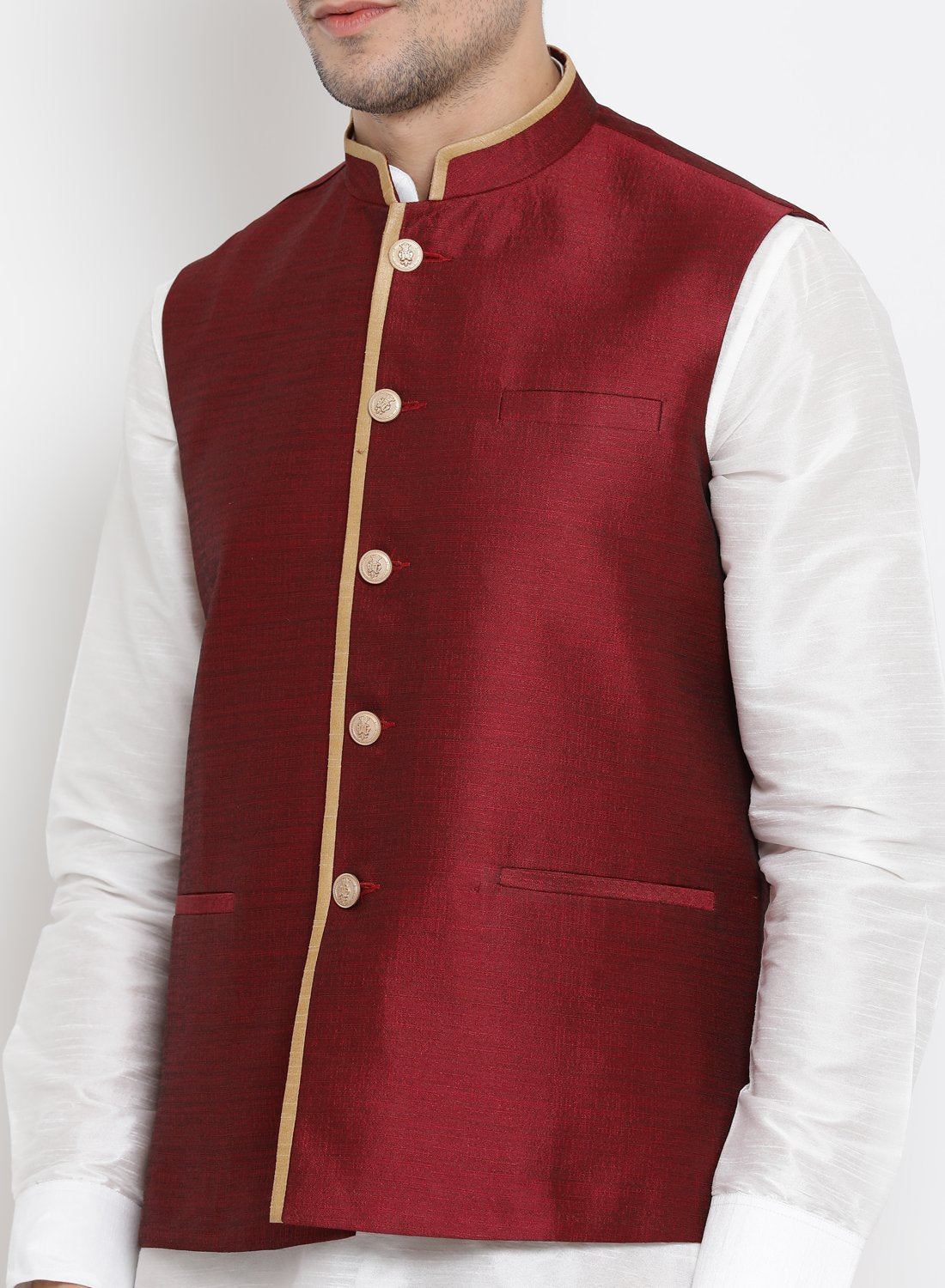 Men's Maroon Cotton Silk Blend Ethnic Jacket
