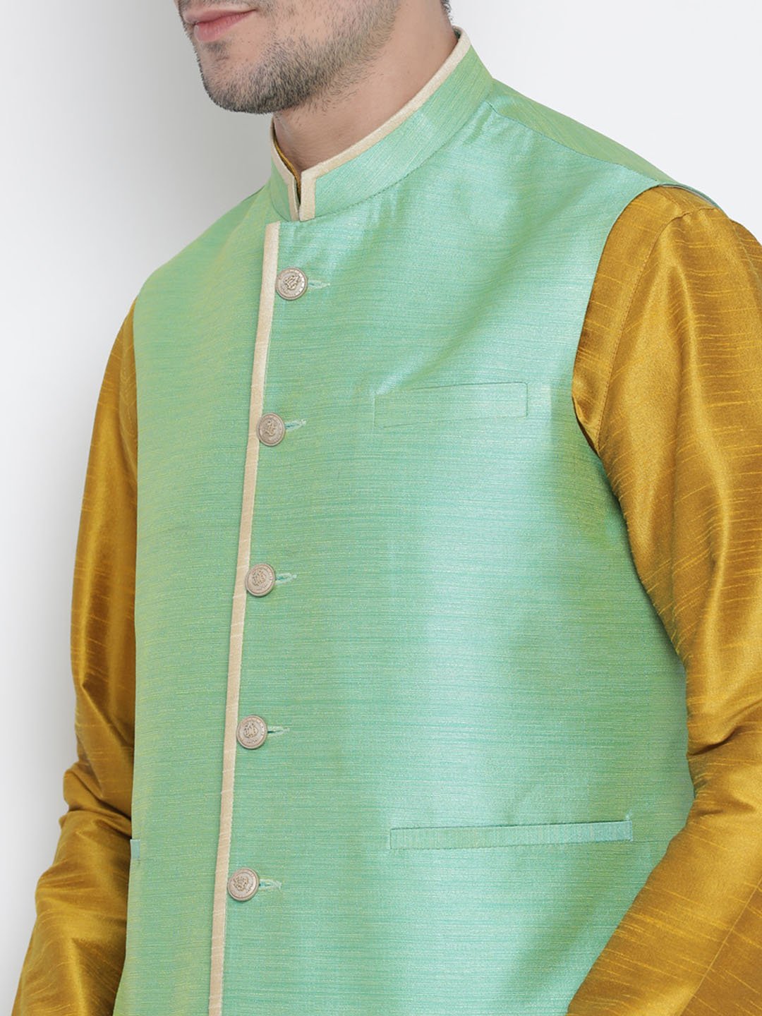Men's Green Cotton Silk Blend Ethnic Jacket - Vastramay