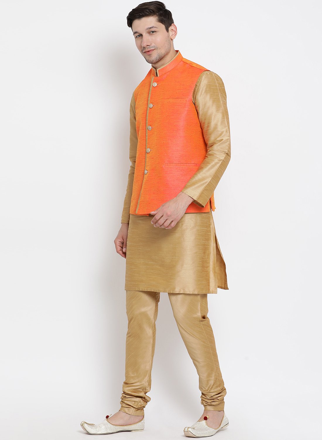 Men's Gold Cotton Silk Blend Kurta, Ethnic Jacket and Pyjama Set