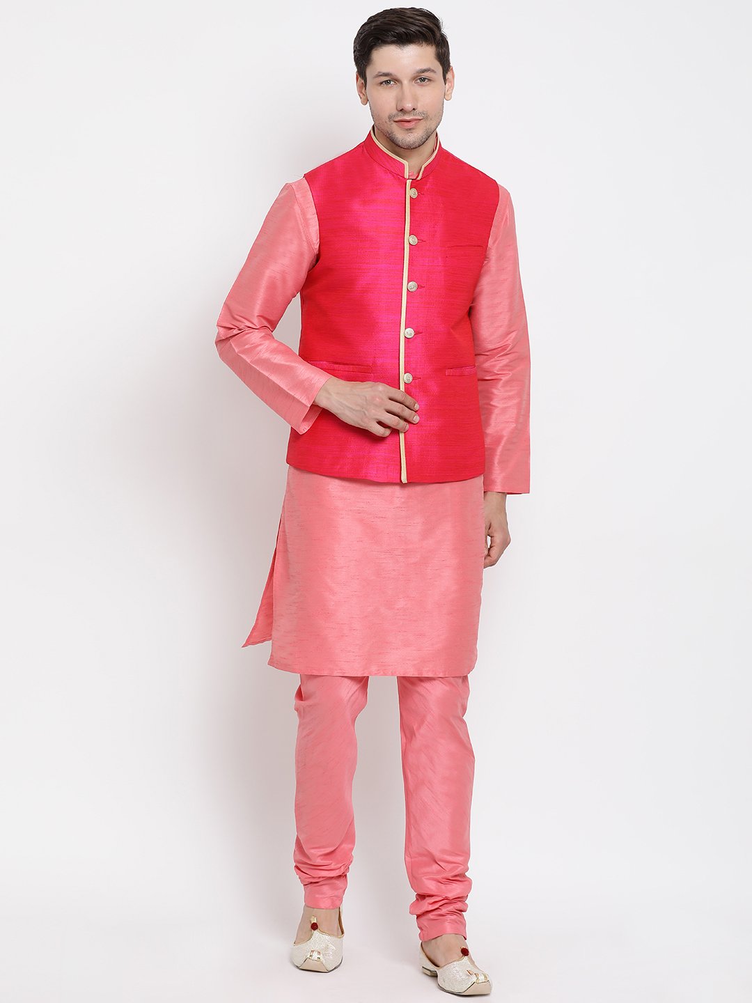 Men's Pink Cotton Silk Blend Ethnic Jacket - Vastramay