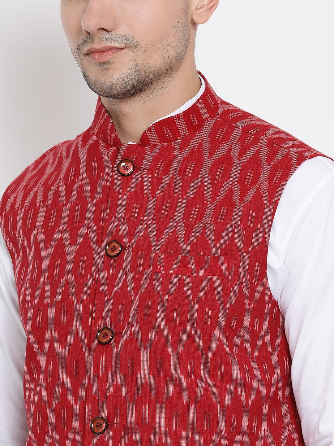 Men's Maroon Cotton Blend Kurta, Ethnic Jacket and Pyjama Set