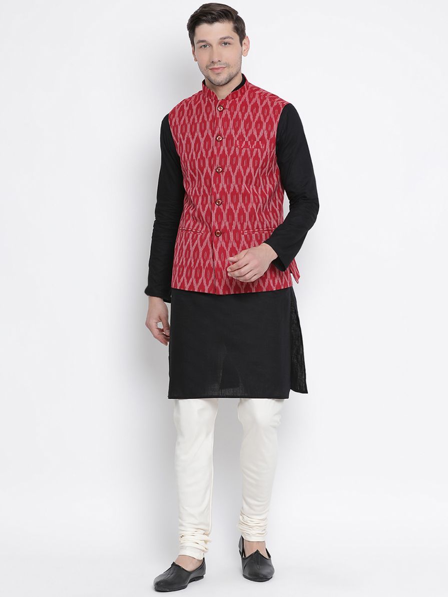 Men's Black Cotton Kurta, Ethnic Jacket and Pyjama Set