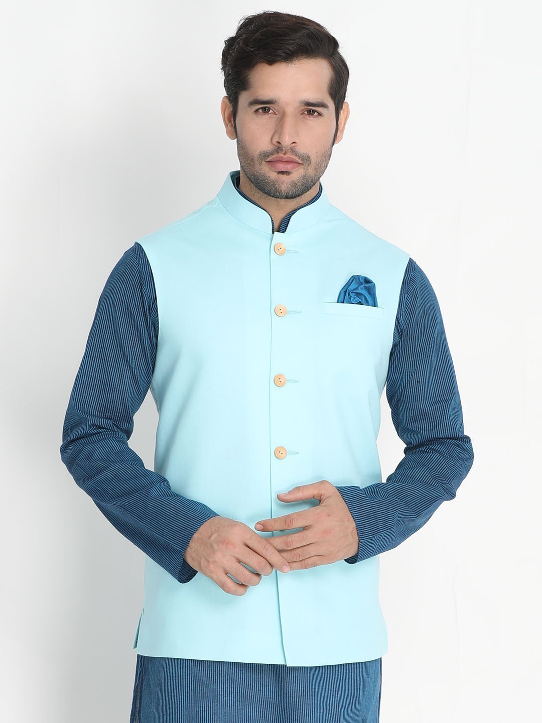 Men's Light Blue Cotton Ethnic Jacket