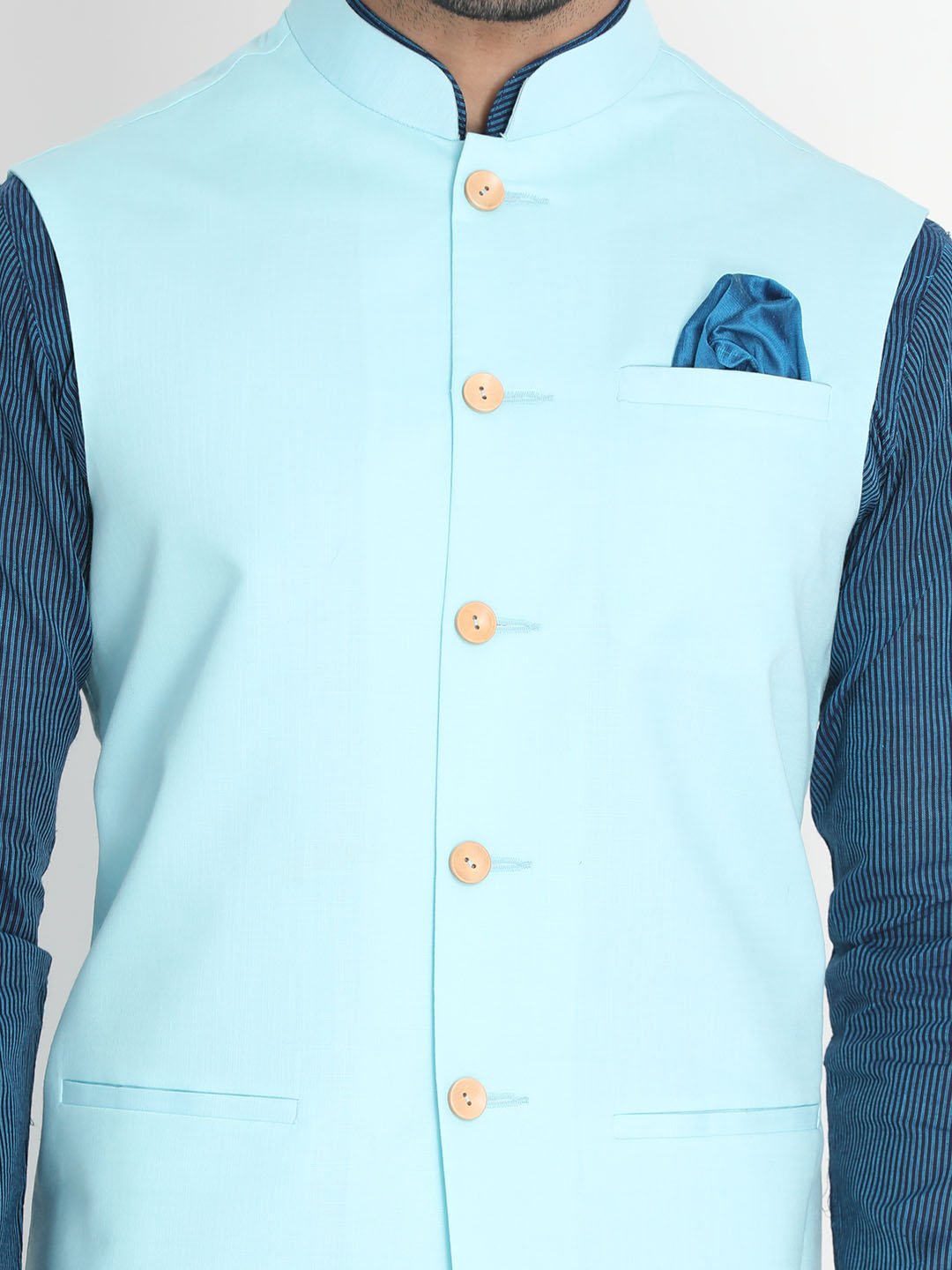Men's Light Blue Cotton Ethnic Jacket - Vastramay
