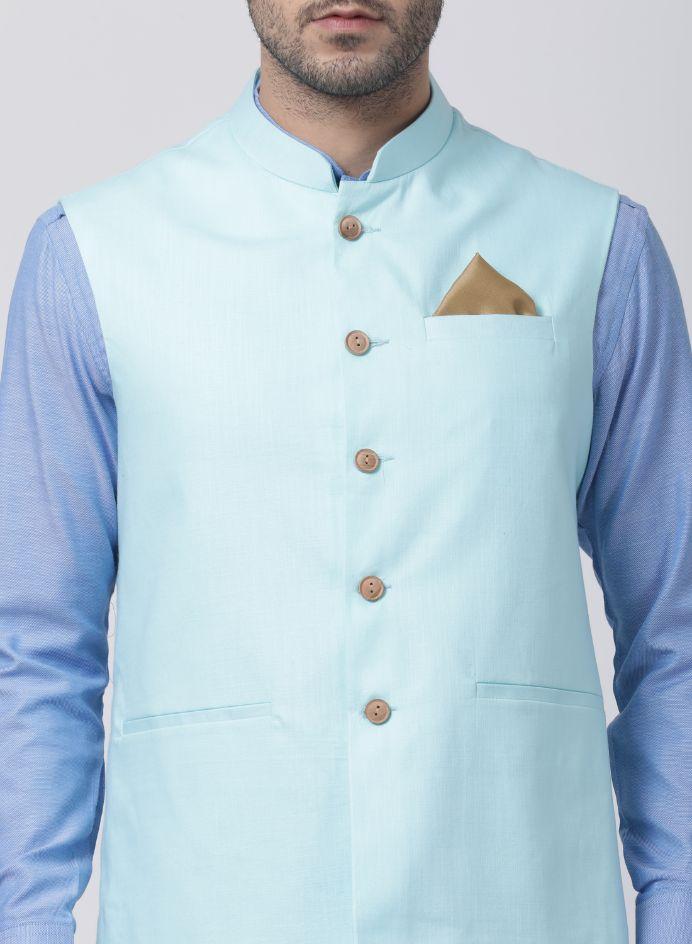 Men's Blue Cotton Blend Ethnic Jacket, Kurta and Dhoti Pant Set