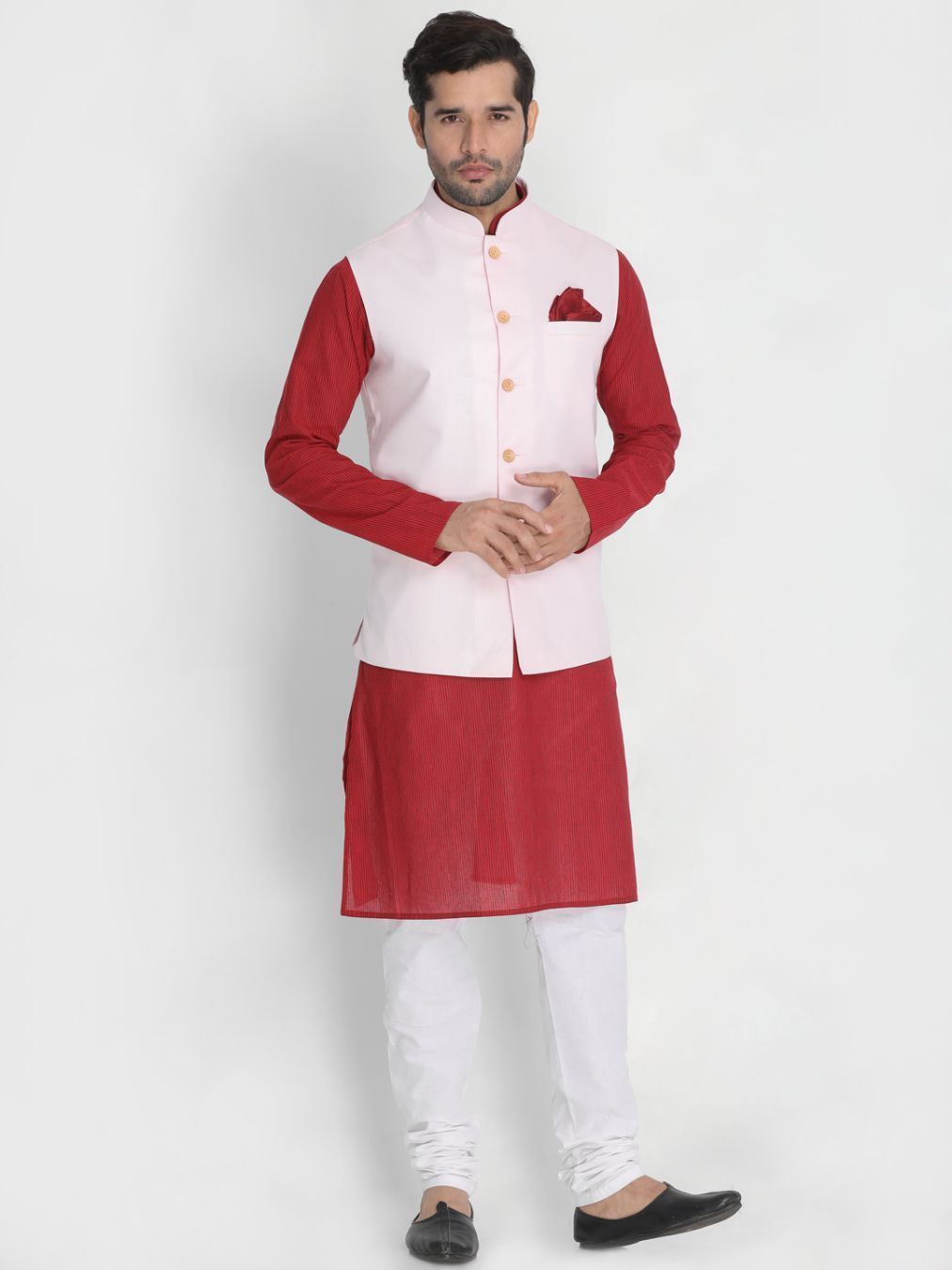 Men's Red Cotton Blend Kurta, Ethnic Jacket and Pyjama Set