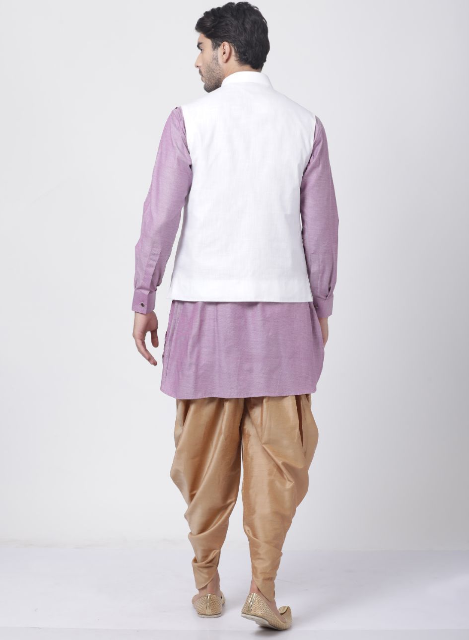 Men's Purple Cotton Blend Ethnic Jacket, Kurta and Dhoti Pant Set