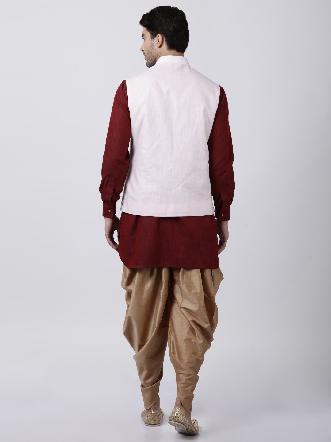 Men's Maroon Cotton Blend Ethnic Jacket, Kurta and Dhoti Pant Set