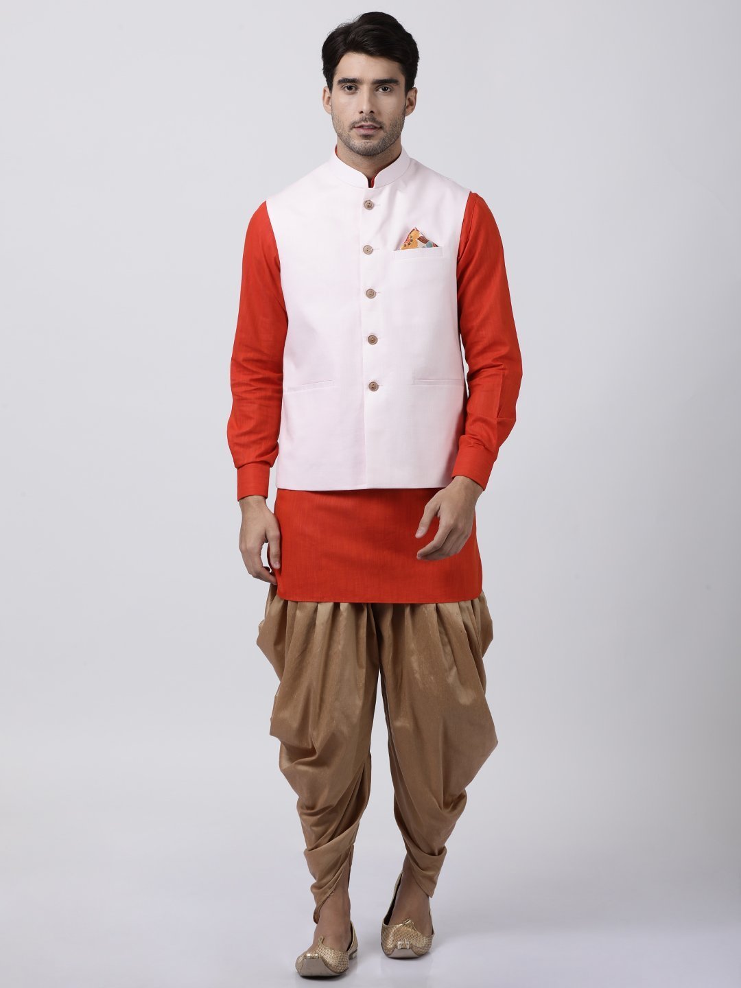 Men's Red Cotton Blend Ethnic Jacket, Kurta and Dhoti Pant Set