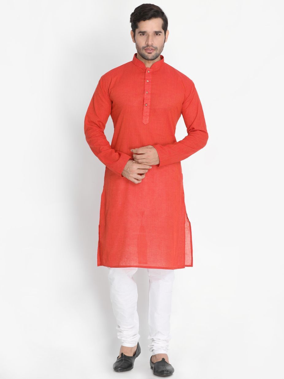 Men's Red Cotton Blend Kurta, Ethnic Jacket and Pyjama Set