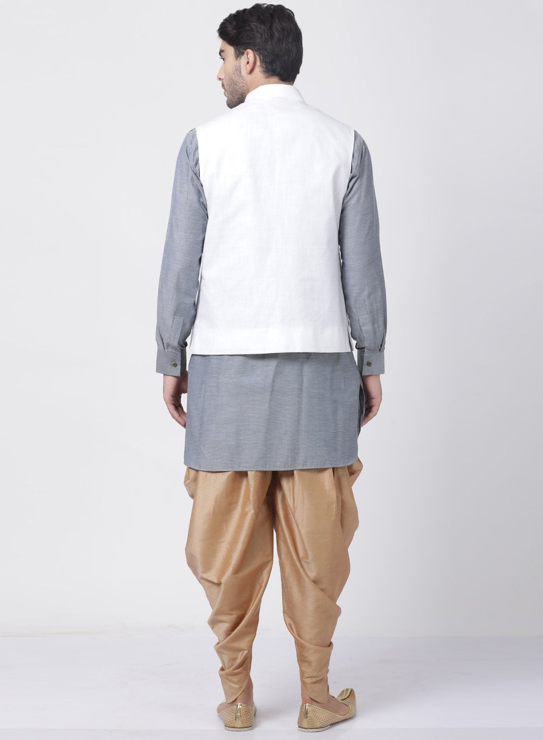Men's Grey Cotton Blend Ethnic Jacket, Kurta and Dhoti Pant Set