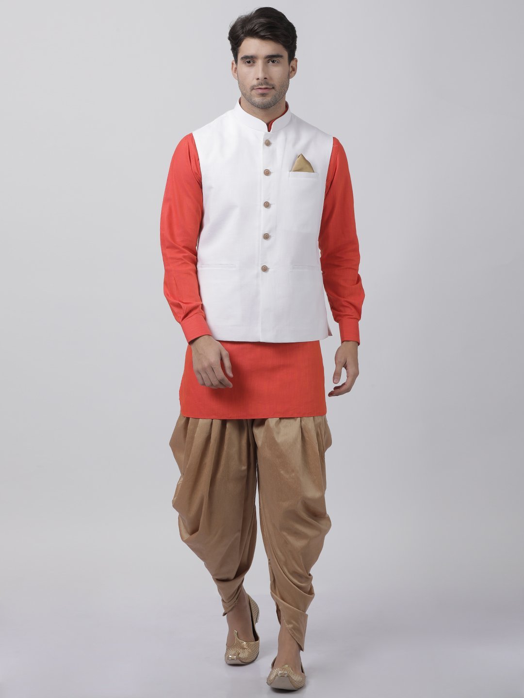 Men's Red Cotton Blend Ethnic Jacket, Kurta and Dhoti Pant Set