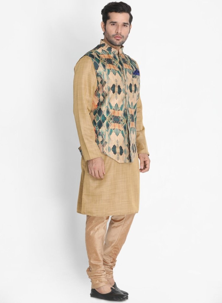 Men's Beige Cotton Blend Kurta, Ethnic Jacket and Pyjama Set