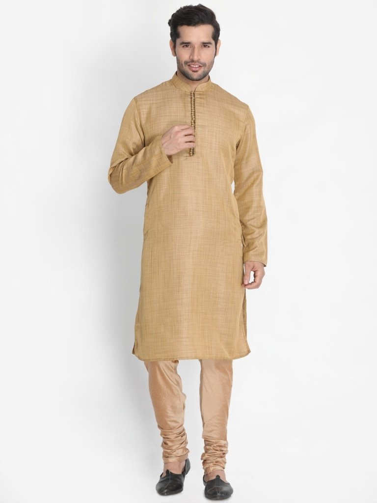 Men's Beige Cotton Blend Kurta, Ethnic Jacket and Pyjama Set
