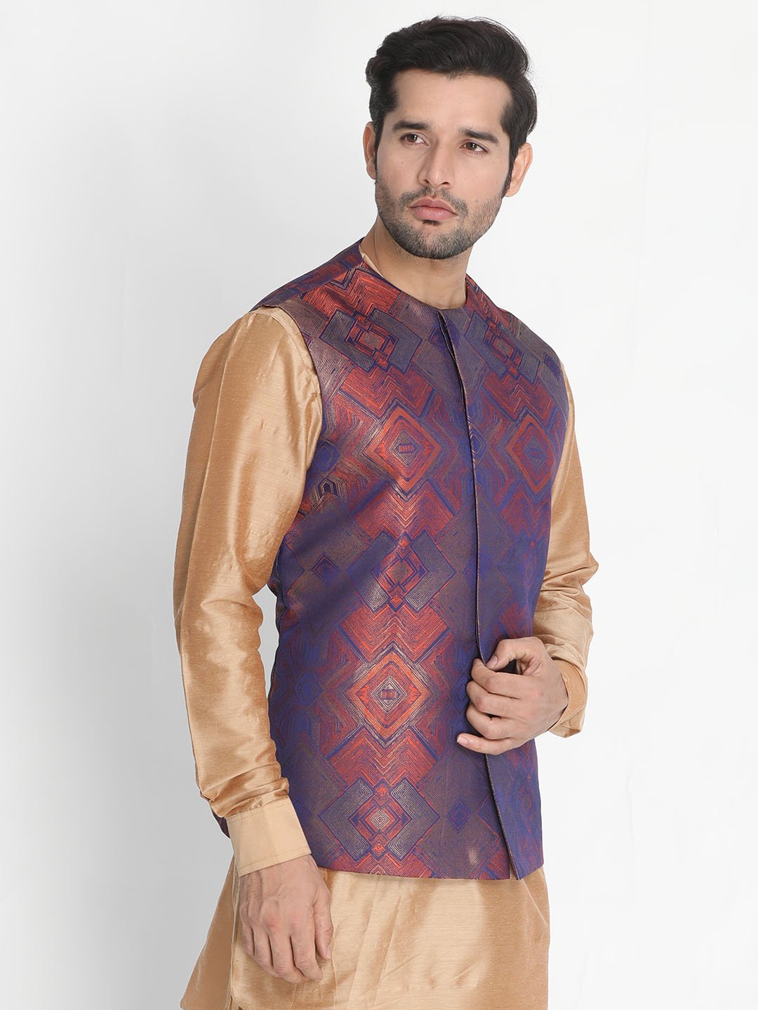 Men's Orange Silk Blend Ethnic Jacket