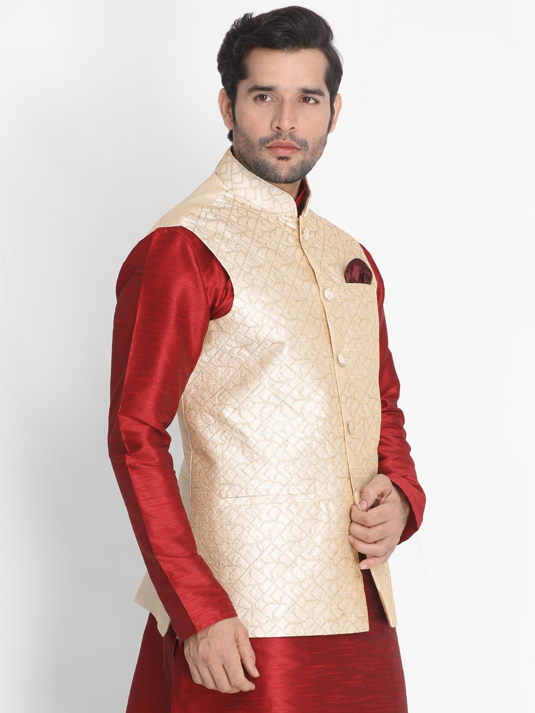 Men's Beige Silk Blend Ethnic Jacket - Vastramay