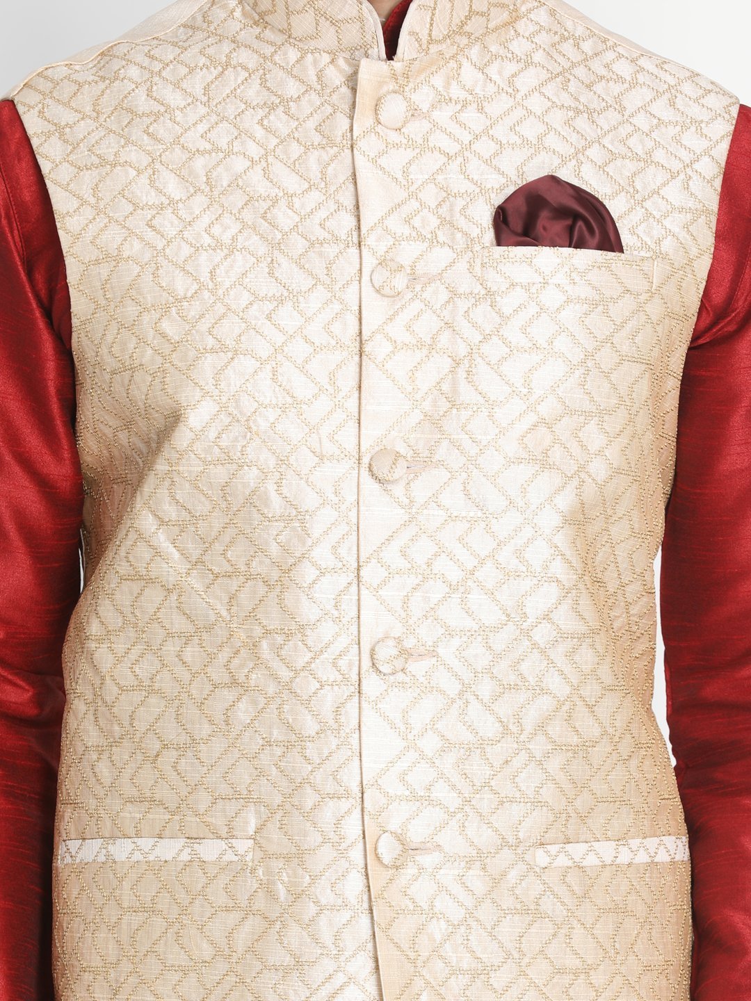 Men's Maroon Silk Blend Kurta, Ethnic Jacket and Pyjama Set