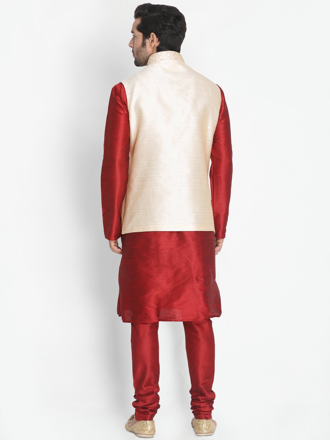 Men's Maroon Silk Blend Kurta, Ethnic Jacket and Pyjama Set