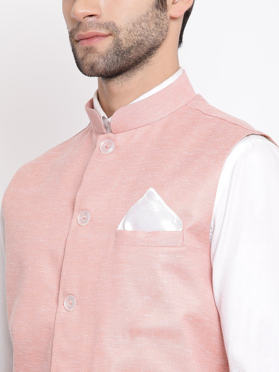 Men's Peach Solid Classic Royal Linen Nehru Jacket - Vastramay