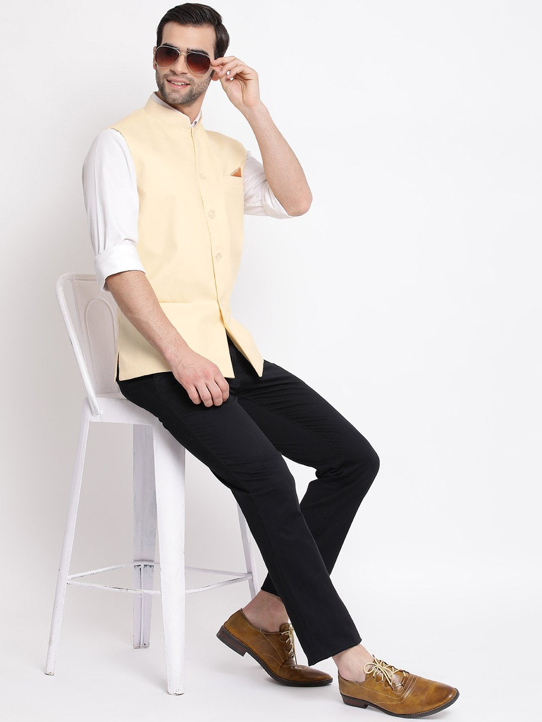 Men's Cream Solid Classic Royal Linen Nehru Jacket