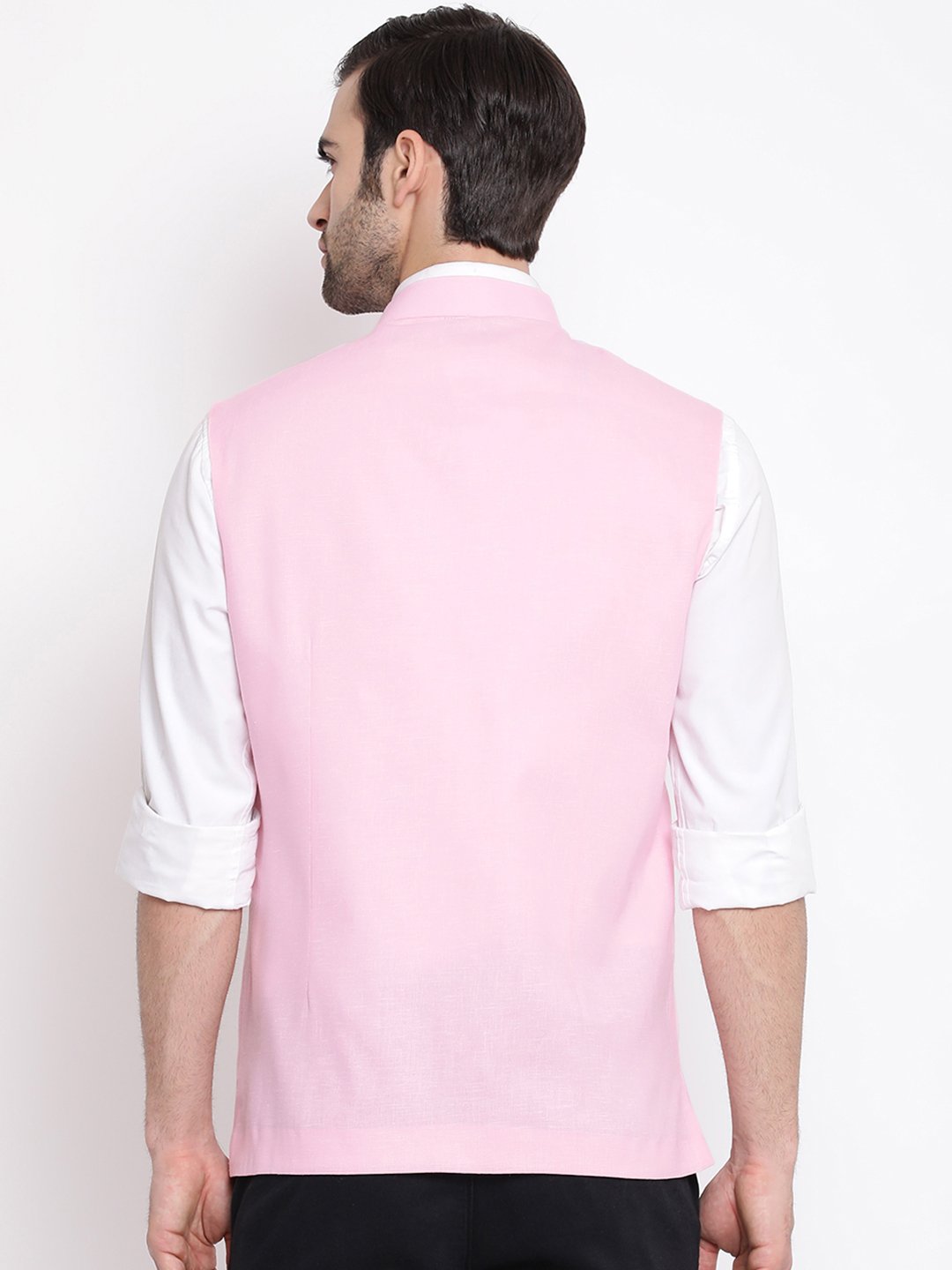 Men's Pink Solid Classic Royal Linen Nehru Jacket - Vastramay