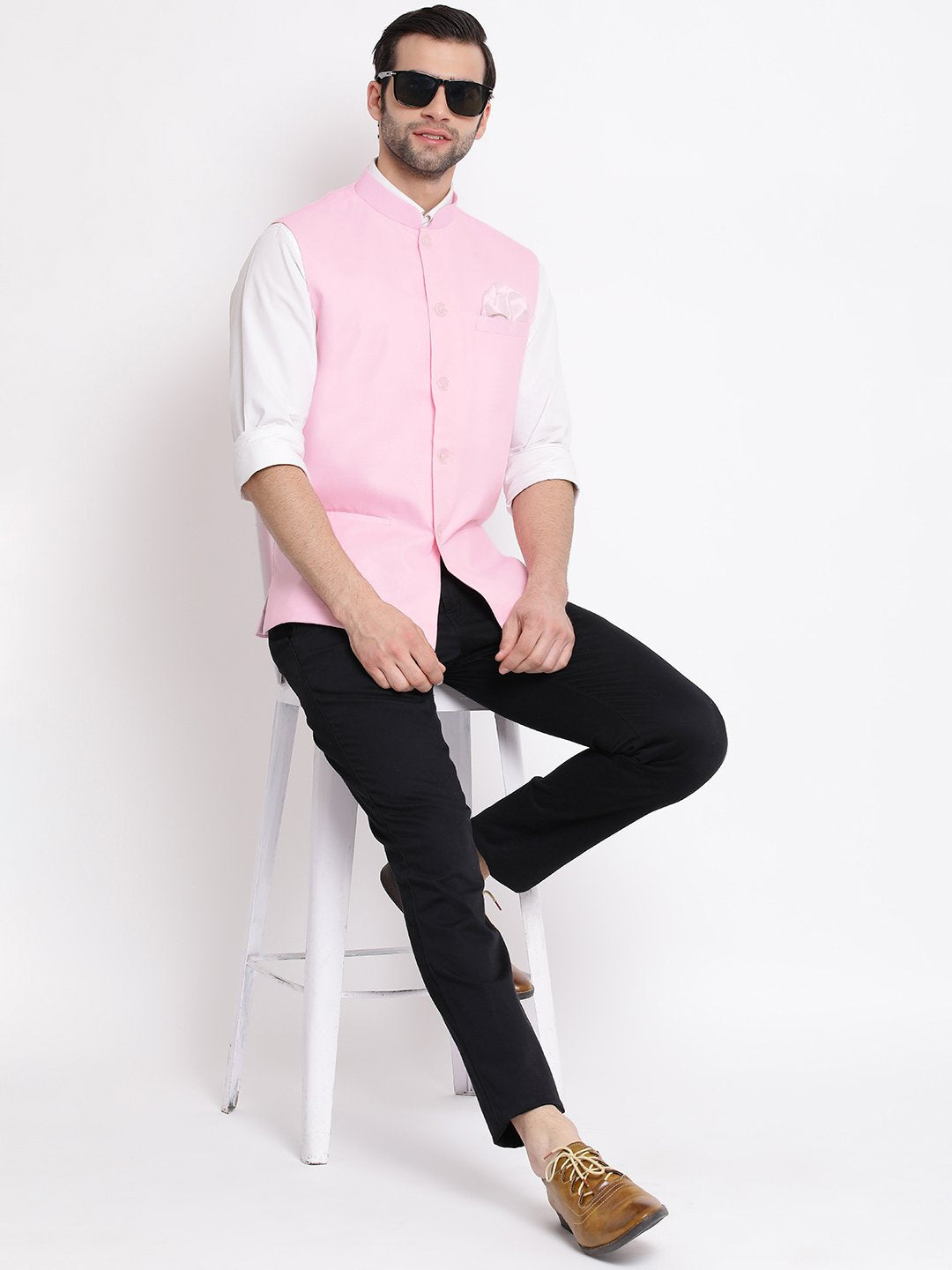 Men's Pink Solid Classic Royal Linen Nehru Jacket - Vastramay