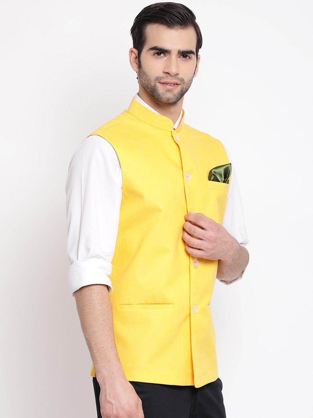 Men's Yellow Solid Classic Royal Linen Nehru Jacket