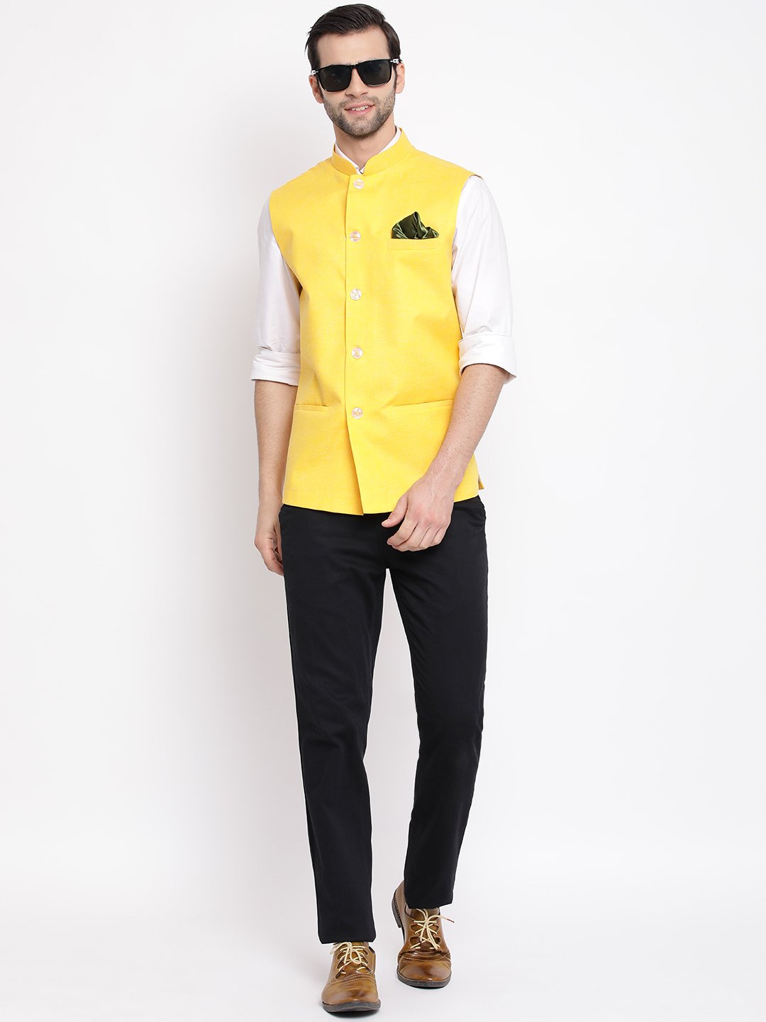Men's Yellow Solid Classic Royal Linen Nehru Jacket