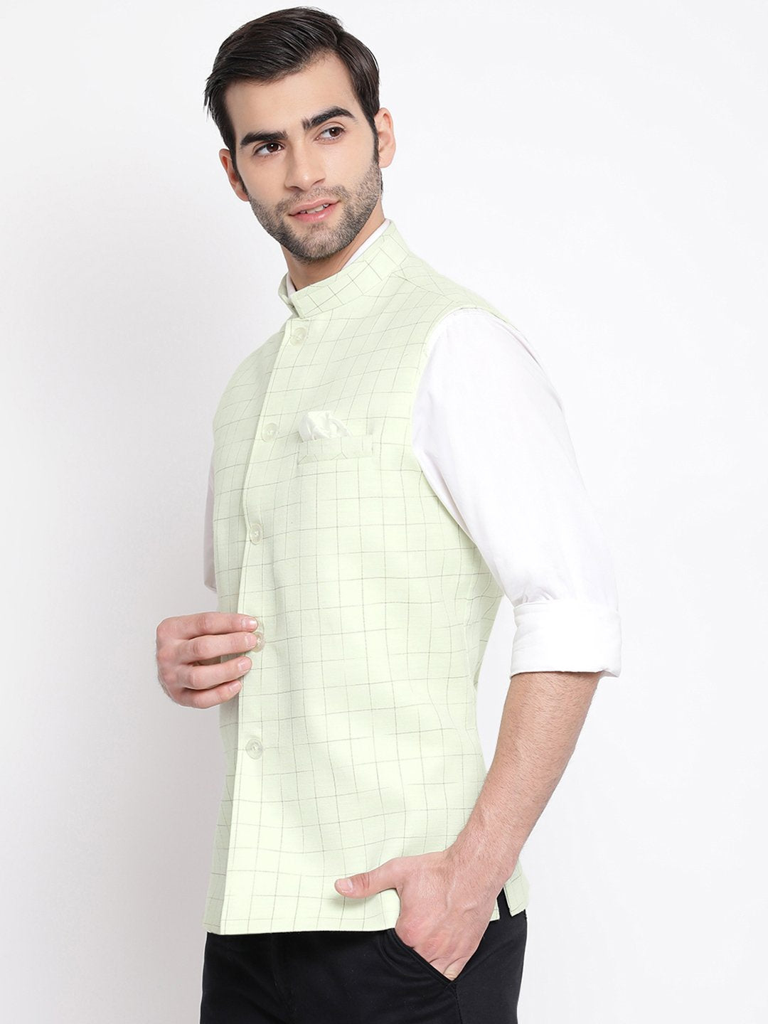 Men's Mint Green Checkered Classic Linen Nehru Jacket