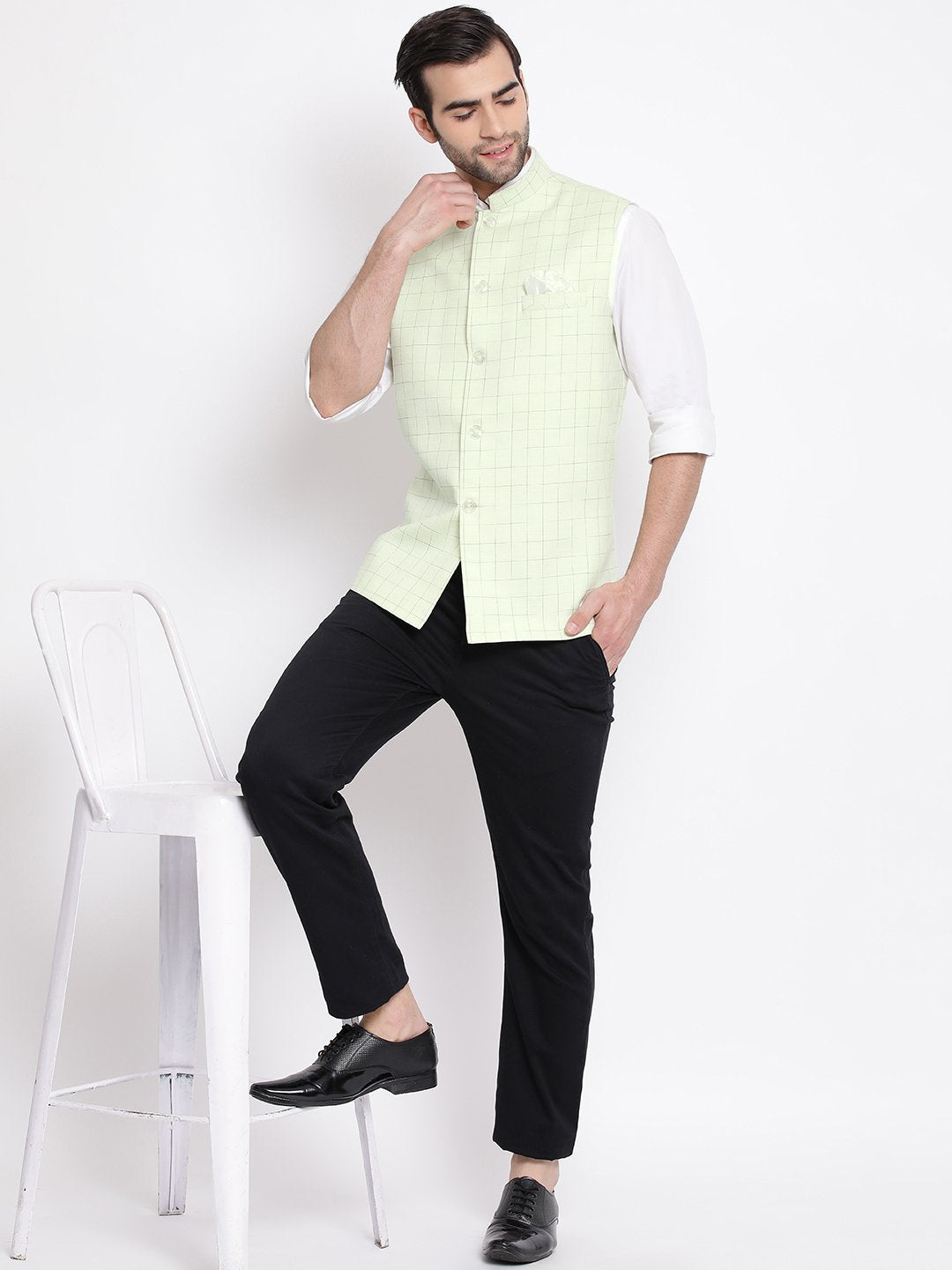 Men's Mint Green Checkered Classic Linen Nehru Jacket