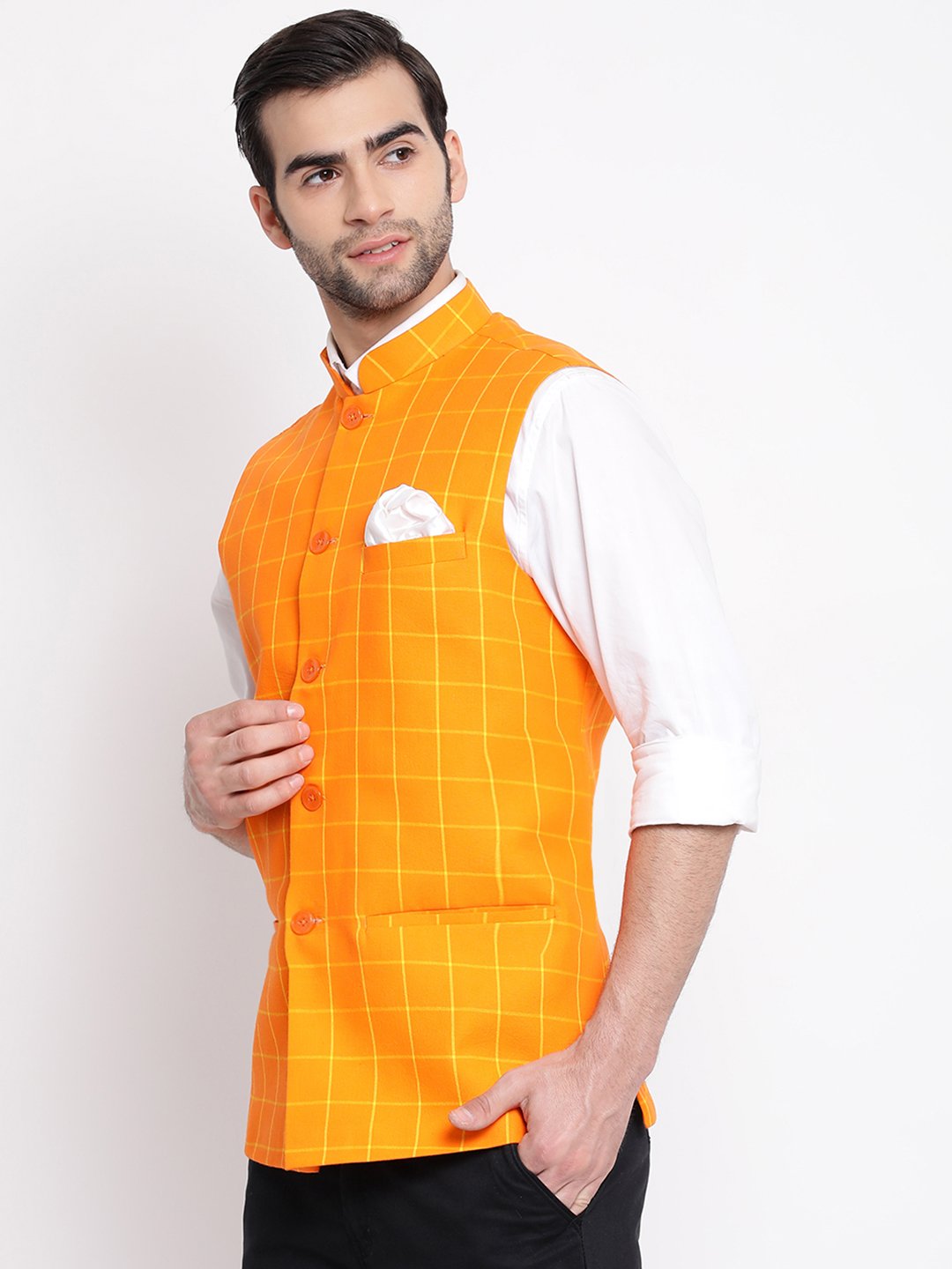 Men's Orange Checkered Pattern Classic Nehru Jacket