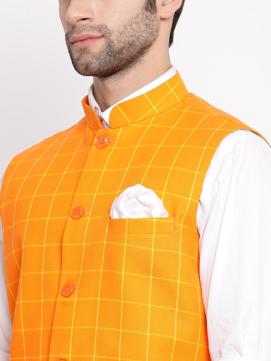 Men's Orange Checkered Pattern Classic Nehru Jacket