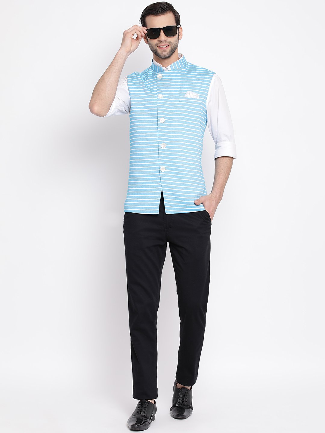 Men's Blue Stripes And Angrakha Pattern Classic Nehru Jacket