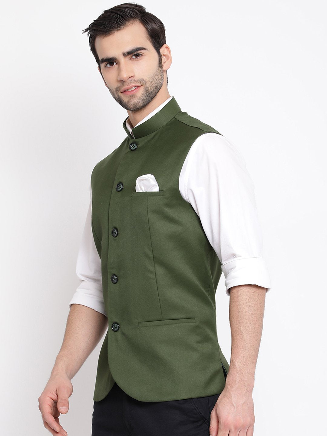 Men's Green Cotton Blend Twill Nehru Jacket - Vastramay