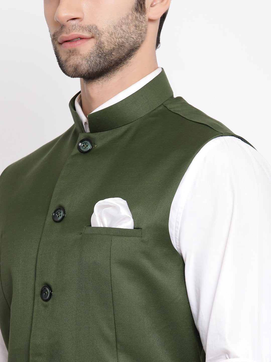 Men's Green Cotton Blend Twill Nehru Jacket - Vastramay