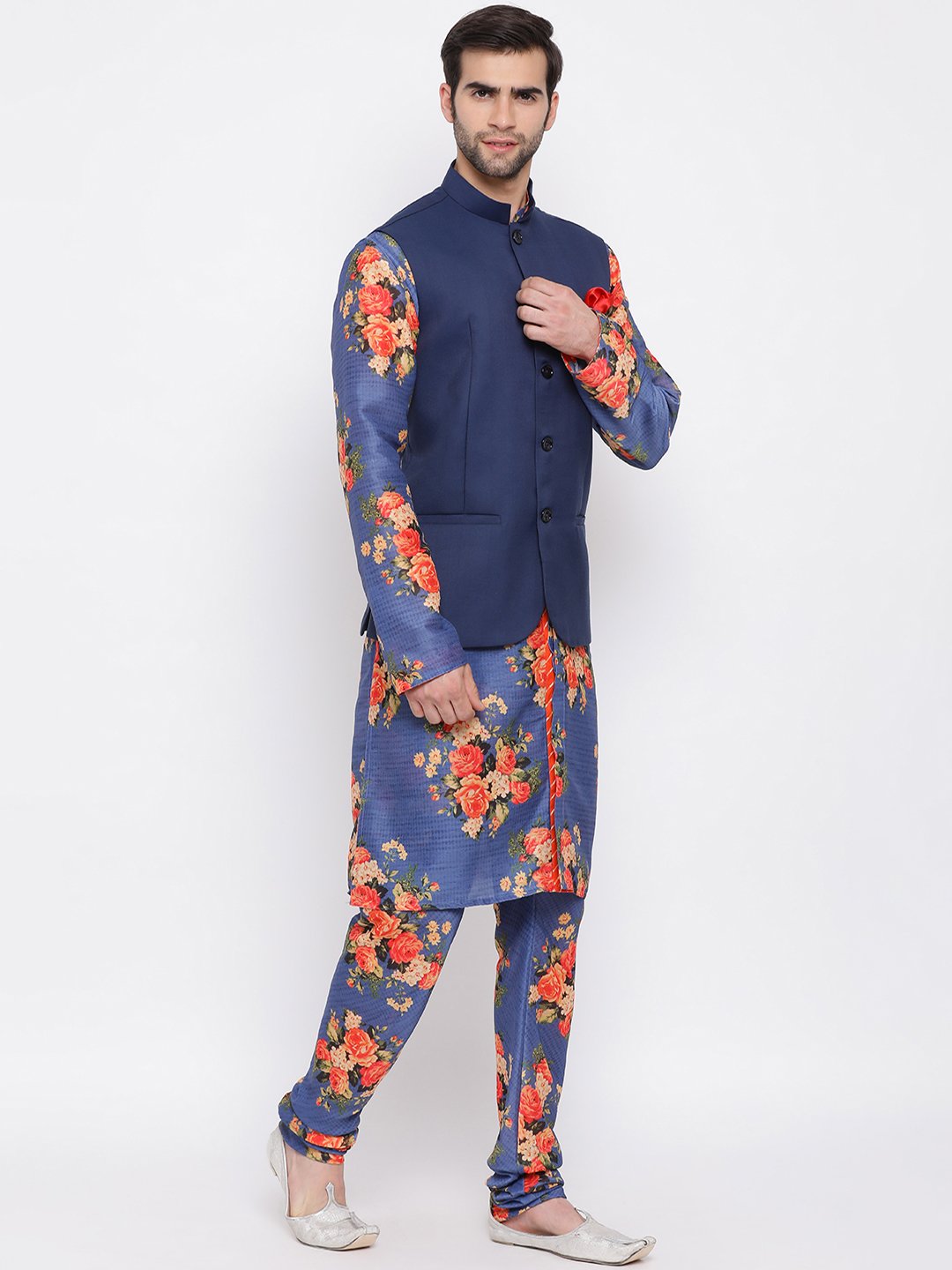 Men's Navy Blue Twill Jacket, Printed Kurta and Pyjama Set - Vastramay