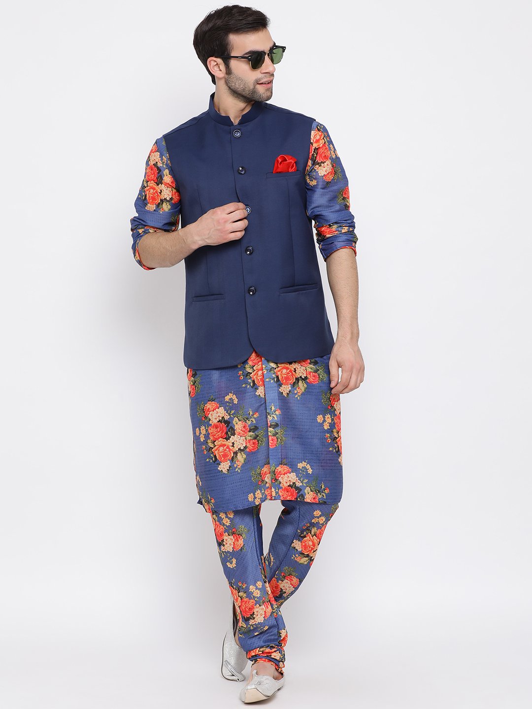 Men's Navy Blue Twill Jacket, Printed Kurta and Pyjama Set - Vastramay