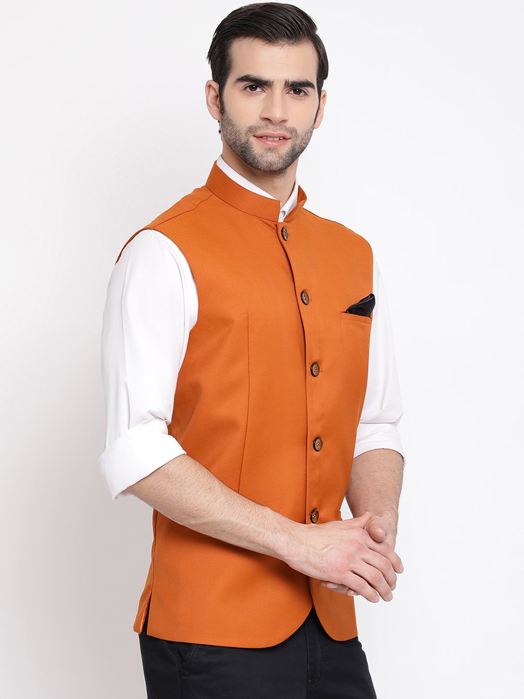 Men's Orange Cotton Blend Twill Nehru Jacket - Vastramay