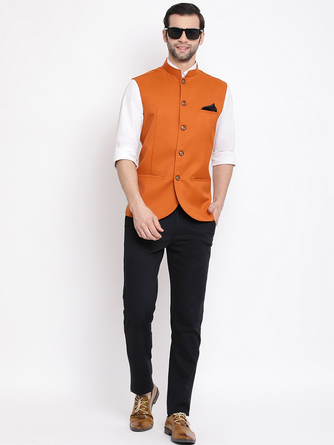 Men's Orange Cotton Blend Twill Nehru Jacket - Vastramay