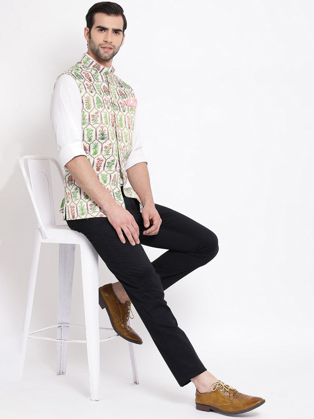 Men's Cream Digital Floral Printed Royal Nehru Jacket
