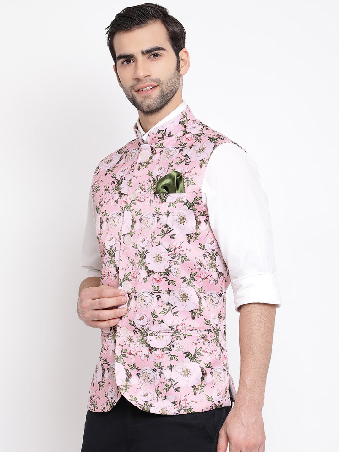 Men's Pink Digital Floral Printed Royal Nehru Jacket